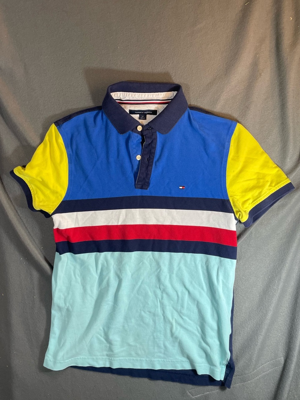 Tommy Hilfiger Colorblock Polo Shirt Mens Small Yellow Blue Striped Pique